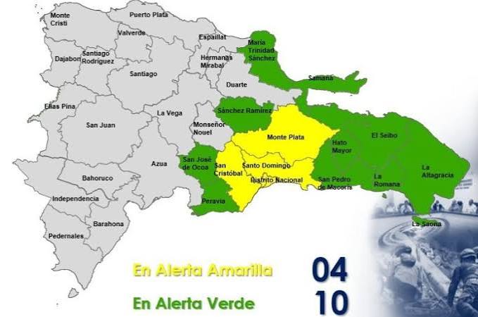 COE coloca cuatro provincias en alerta amarilla y 10 en verde por lluvias